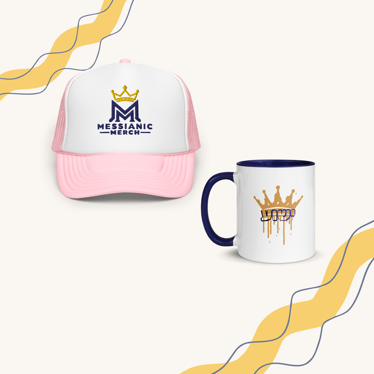 15 oz | Front view of white and blue Yeshua King ceramic coffee mug on a wooden board, featuring ישוע in Hebrew beneath a dripping gold crown with blue handle, rim, and interior.