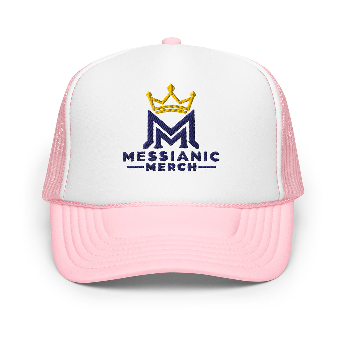 Light Pink / White / Light Pink | Front view of pink and white Messianic Merch trucker hat featuring an embroidered navy double-M logo and gold crown representing Messiah Yeshua as King.