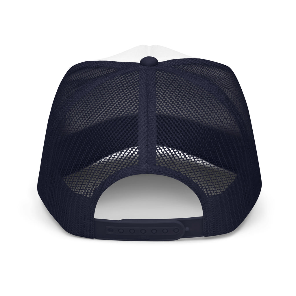 Navy/ White/ Navy | Back view of navy and white Messianic Merch trucker hat featuring span closure and mesh back.