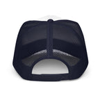 Navy/ White/ Navy | Back view of navy and white Messianic Merch trucker hat featuring span closure and mesh back.