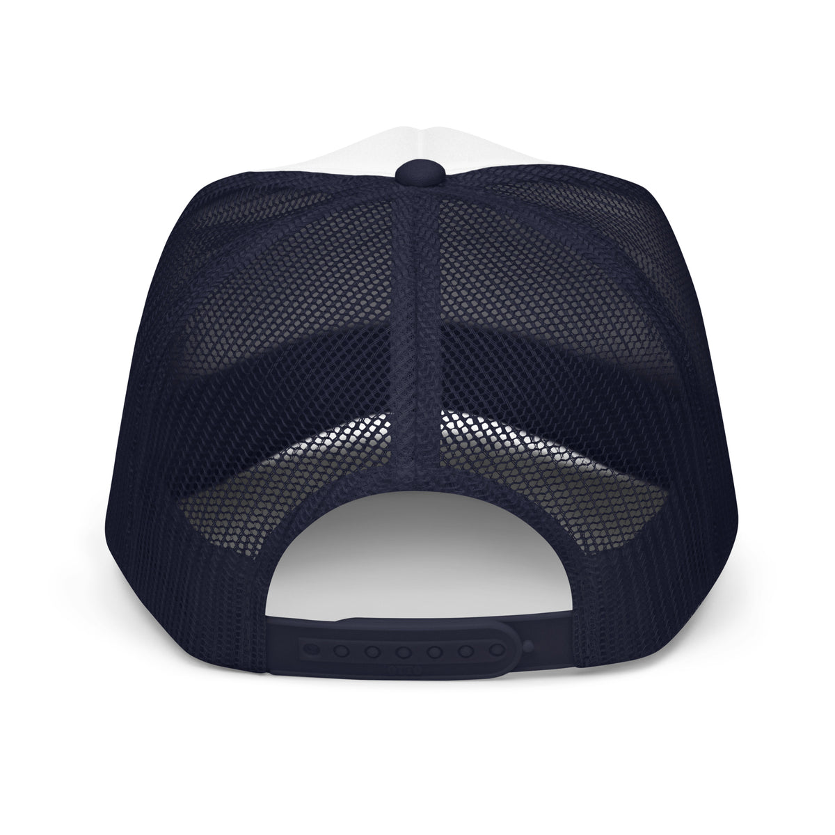 Navy/ White/ Navy | Back view of navy and white Messianic Merch trucker hat featuring span closure and mesh back.