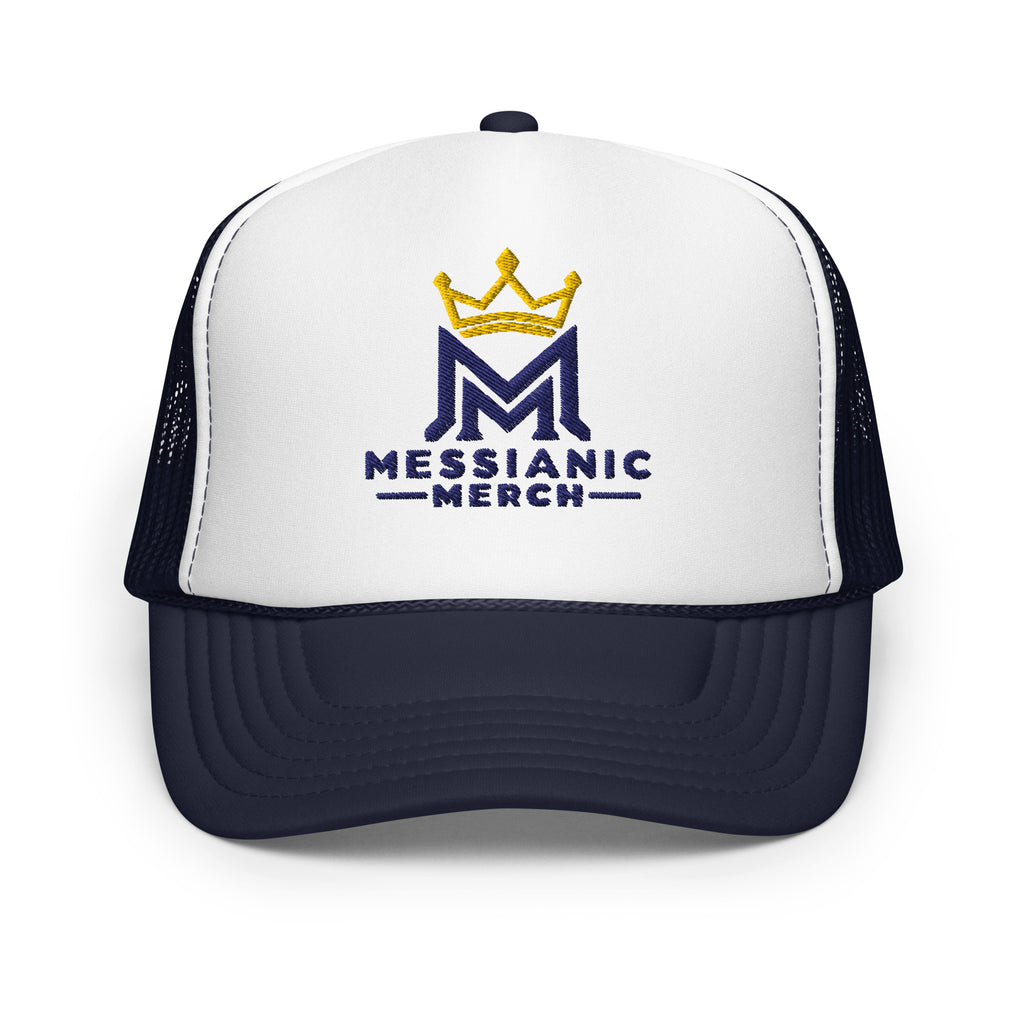 Navy/ White/ Navy | Front view of navy and white Messianic Merch trucker hat featuring an embroidered navy double-M logo and gold crown representing Messiah Yeshua as King.