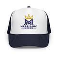 Navy/ White/ Navy | Front view of navy and white Messianic Merch trucker hat featuring an embroidered navy double-M logo and gold crown representing Messiah Yeshua as King.