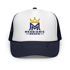Navy/ White/ Navy | Front view of navy and white Messianic Merch trucker hat featuring an embroidered navy double-M logo and gold crown representing Messiah Yeshua as King.