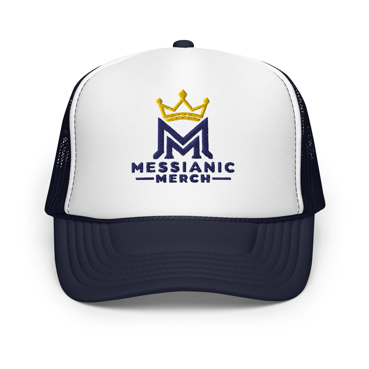 Navy/ White/ Navy | Front view of navy and white Messianic Merch trucker hat featuring an embroidered navy double-M logo and gold crown representing Messiah Yeshua as King.
