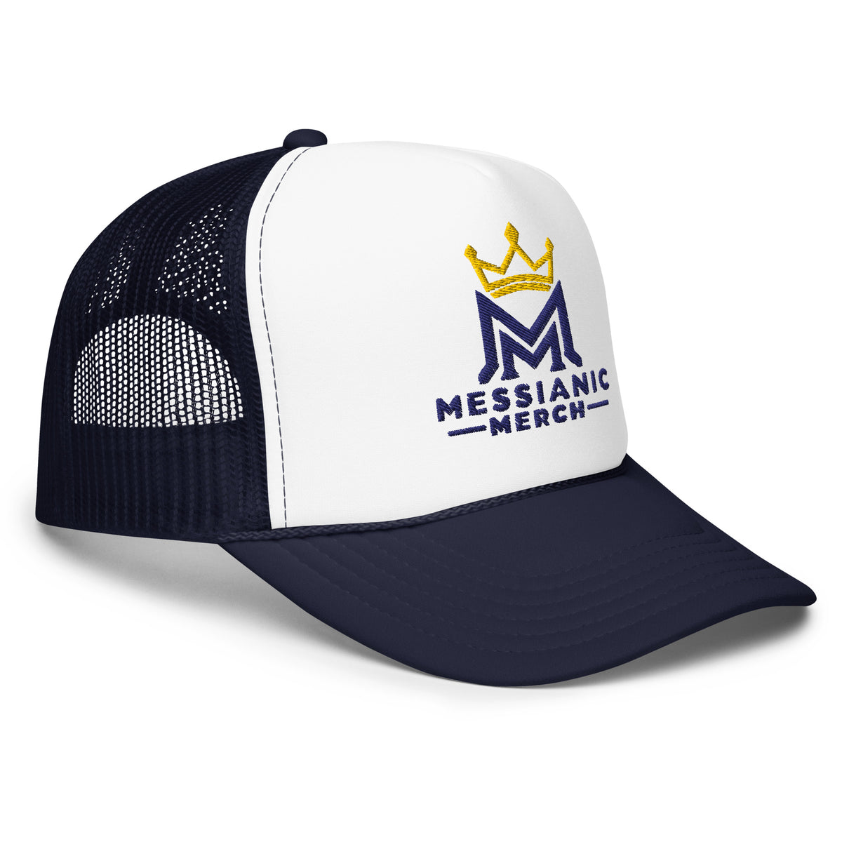 Navy/ White/ Navy | Side view of navy and white Messianic Merch trucker hat featuring an embroidered navy double-M logo and gold crown representing Messiah Yeshua as King.