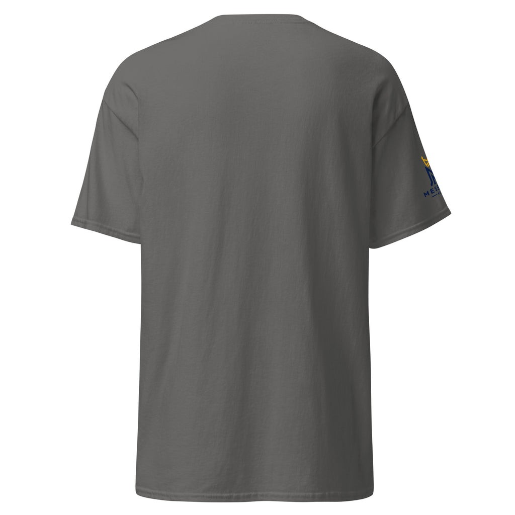 Charcoal | Back view of the men's Hineni Hebrew faith T-shirt, inspired by Isaiah 6:8.