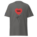 Charcoal | Front view of the men's Hineni Hebrew faith T-shirt featuring the Hebrew word הַנְנִי inside a heart above an outstretched hand, inspired by Isaiah 6:8.
