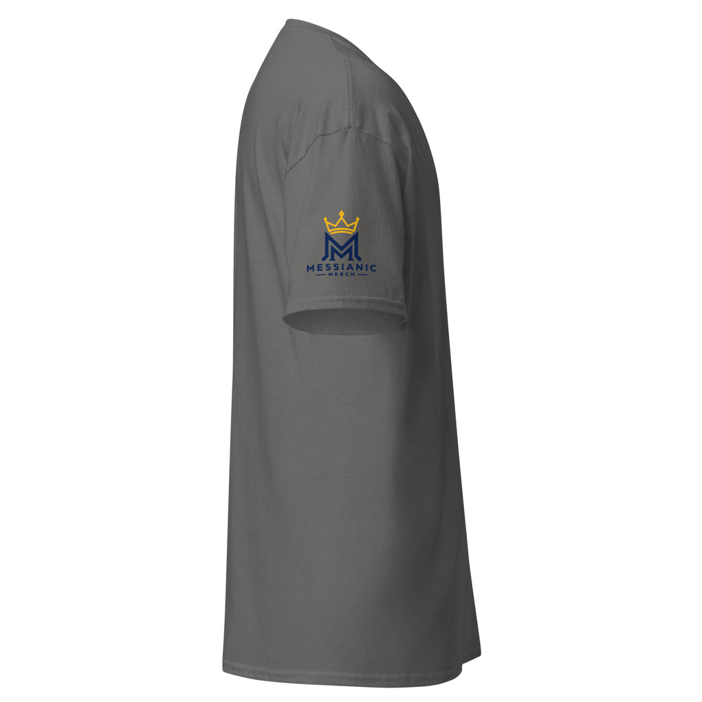 Charcoal | Right view of the men's Hineni Hebrew faith T-shirt, showing the Messianic Merch logo, inspired by Isaiah 6:8.