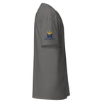 Charcoal | Right view of the men's Hineni Hebrew faith T-shirt, showing the Messianic Merch logo, inspired by Isaiah 6:8.