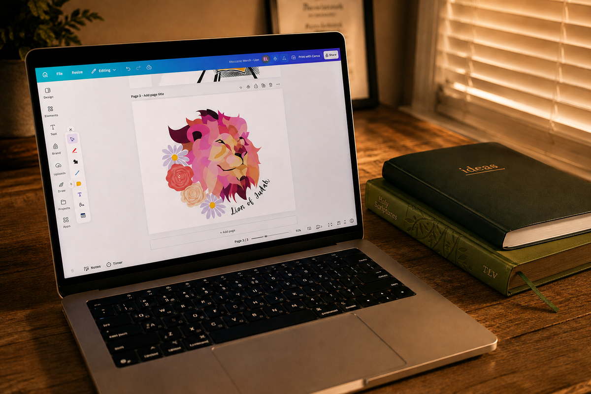 Messianic Merch design process featuring a Lion of Judah apparel design alongside a Bible and ideas journal.