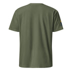 Military Green | Back view of the Man of Valor men's faith T-shirt featuring Messianic Merch sleeve logo and a  blank background.