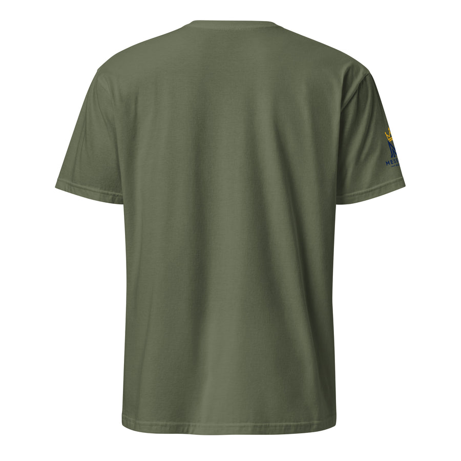 Military Green | Back view of the Man of Valor men's faith T-shirt featuring Messianic Merch sleeve logo and a  blank background.