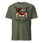 Military Green | Front view of the Man of Valor men's faith T-shirt featuring warrior armor, helmet and crossed swords with Judges 6:12 and a Messianic Merch sleeve logo.