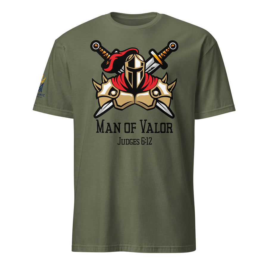 Military Green | Front view of the Man of Valor men's faith T-shirt featuring warrior armor, helmet and crossed swords with Judges 6:12 and a Messianic Merch sleeve logo.