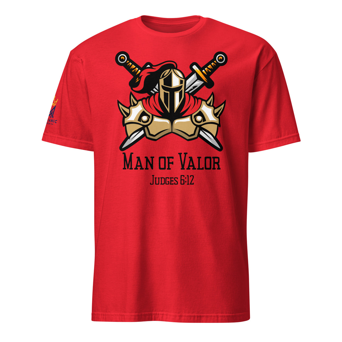 Red | Front view of the Man of Valor men's faith T-shirt featuring warrior armor, helmet and crossed swords with Judges 6:12 and a Messianic Merch sleeve logo.
