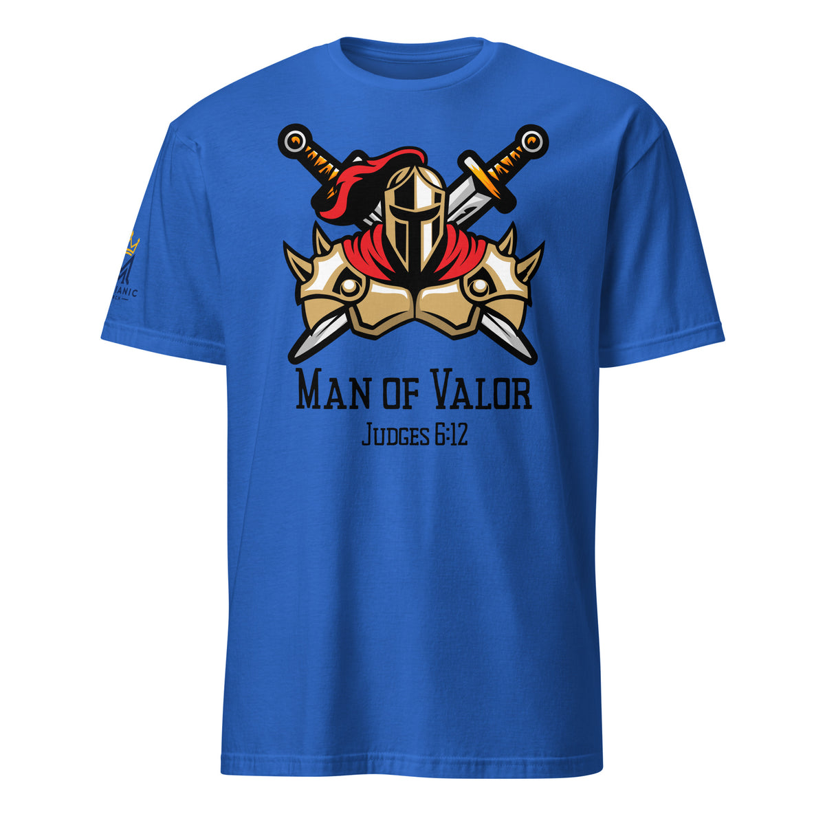 Royal | Front view of the Man of Valor men's faith T-shirt featuring warrior armor, helmet and crossed swords with Judges 6:12 and a Messianic Merch sleeve logo.