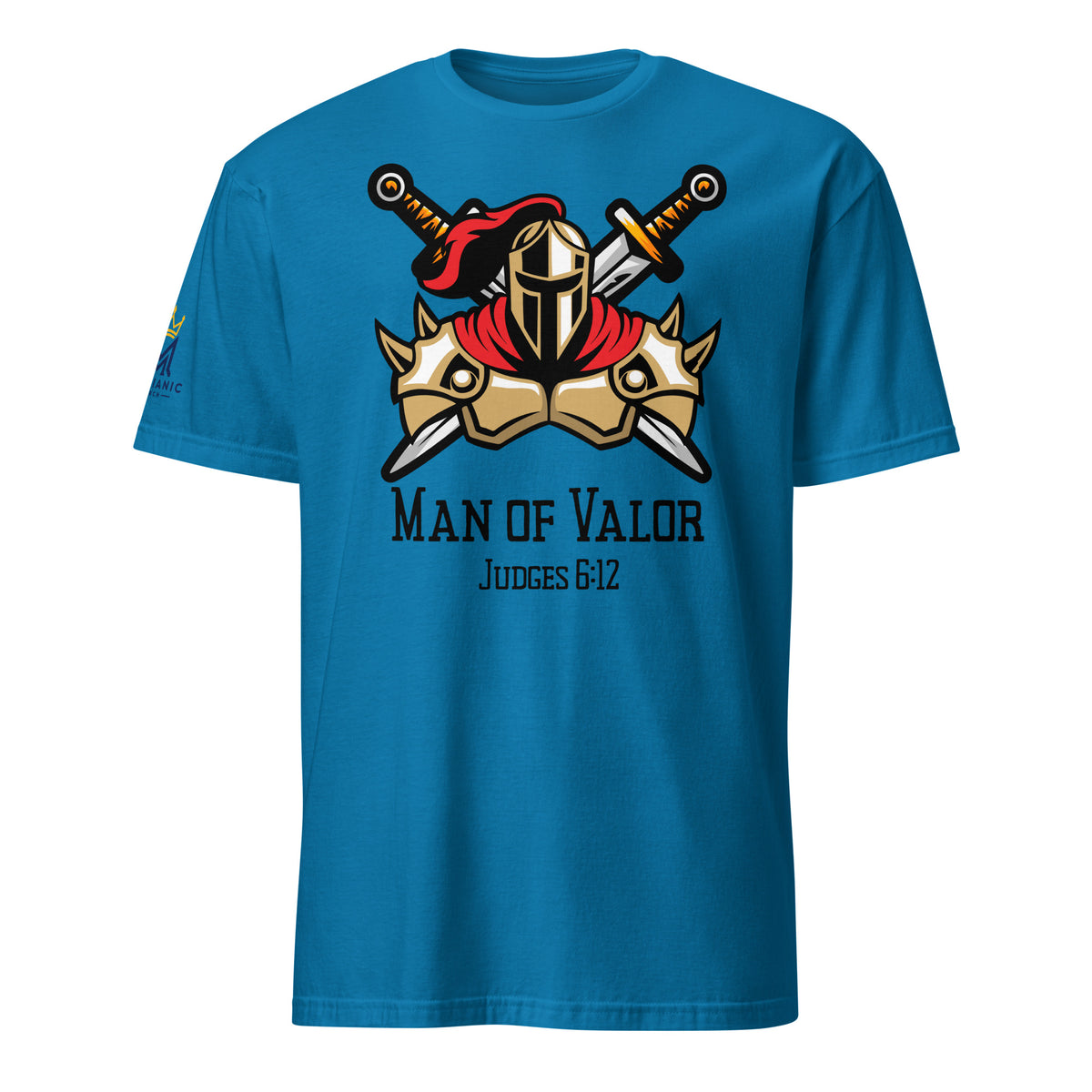 Sapphire | Front view of the Man of Valor men's faith T-shirt featuring warrior armor, helmet and crossed swords with Judges 6:12 and a Messianic Merch sleeve logo.