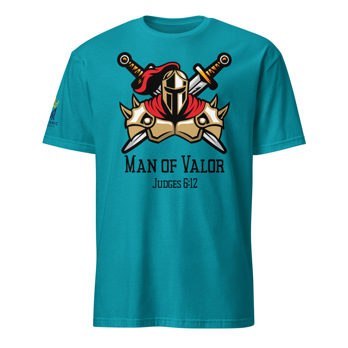 Tropical Blue | Front view of the Man of Valor men's faith T-shirt featuring warrior armor, helmet and crossed swords with Judges 6:12 and a Messianic Merch sleeve logo.