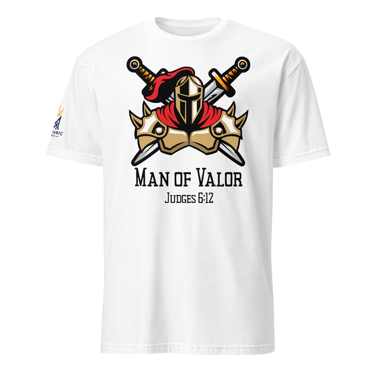 White | Front view of the Man of Valor men's faith T-shirt featuring warrior armor, helmet and crossed swords with Judges 6:12 and a Messianic Merch sleeve logo.