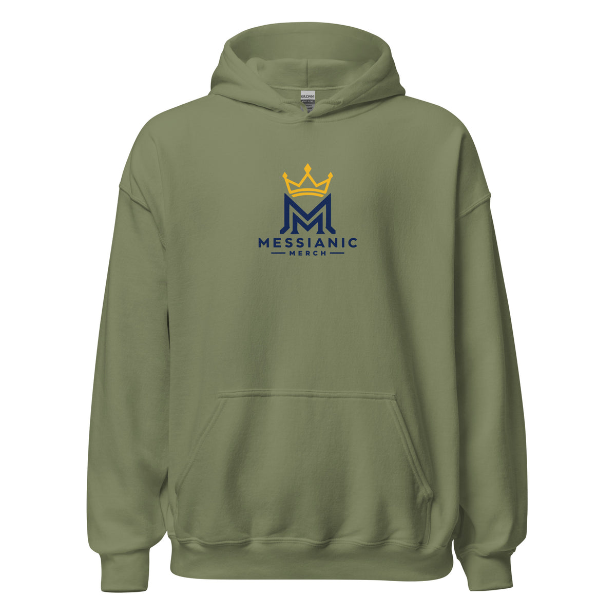Military Green | Front view of the Military Green Be Strong Chazak hoodie featuring the Messianic Merch logo.