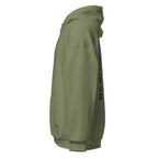 Military Green | Left side profile of the Military Green Be Strong Chazak hoodie highlighting the sleeve cuff and hood structure. 