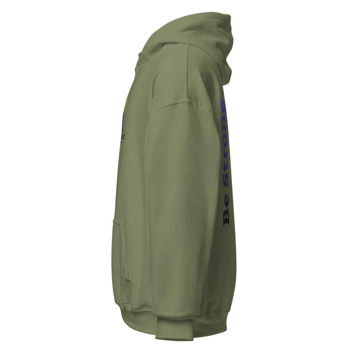 Military Green | Left side profile of the Military Green Be Strong Chazak hoodie highlighting the sleeve cuff and hood structure. 