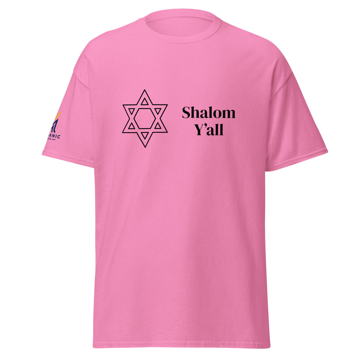 Azalea | Front view of Shalom Y'all unisex T-shirt featuring a Star of David graphic and Messianic Merch logo printed on the sleeve.