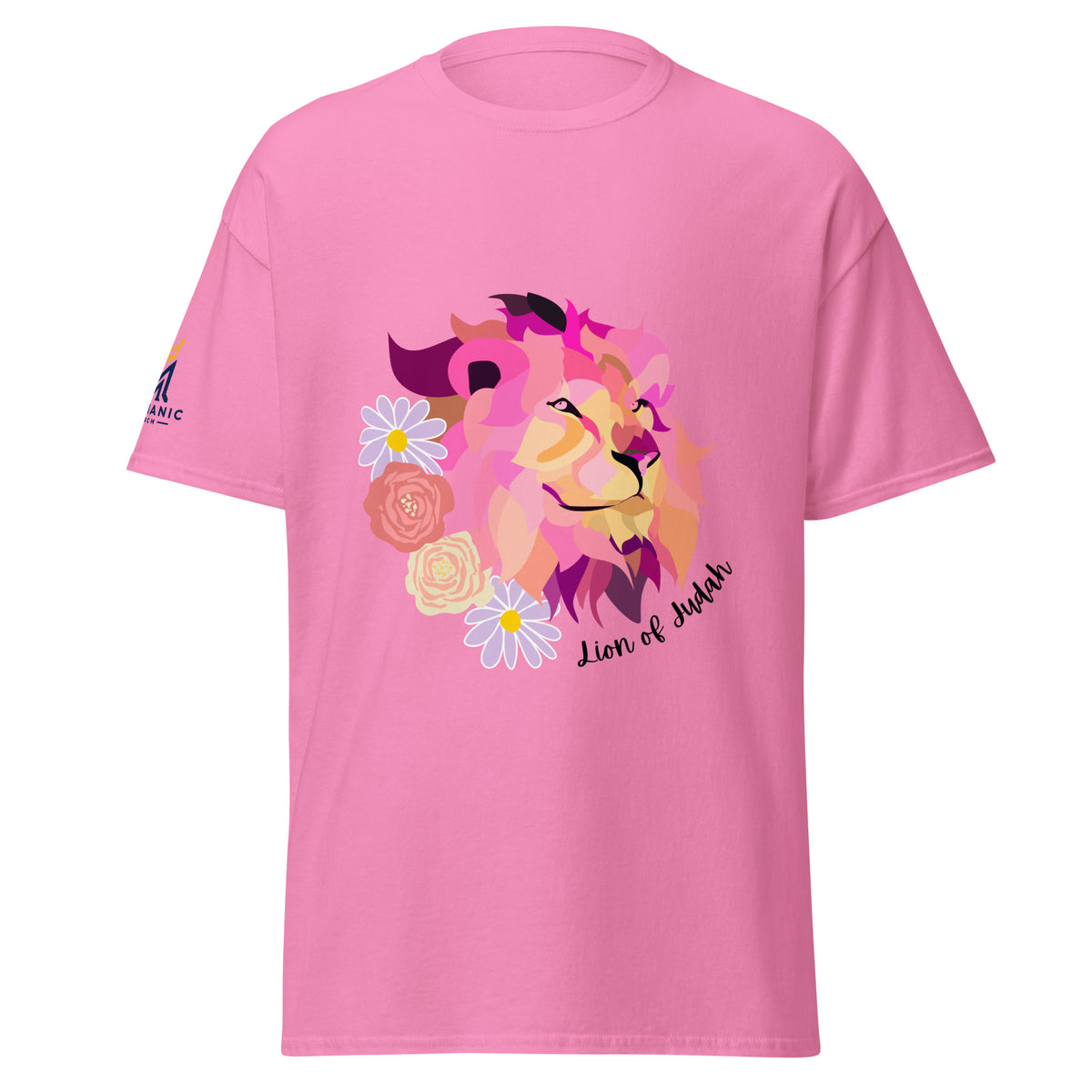 Azalea | Front view of the Lion of Judah women's faith T-shirt featuring a colorful pink and purple lion surrounded by flowers with a Messianic Merch sleeve logo.