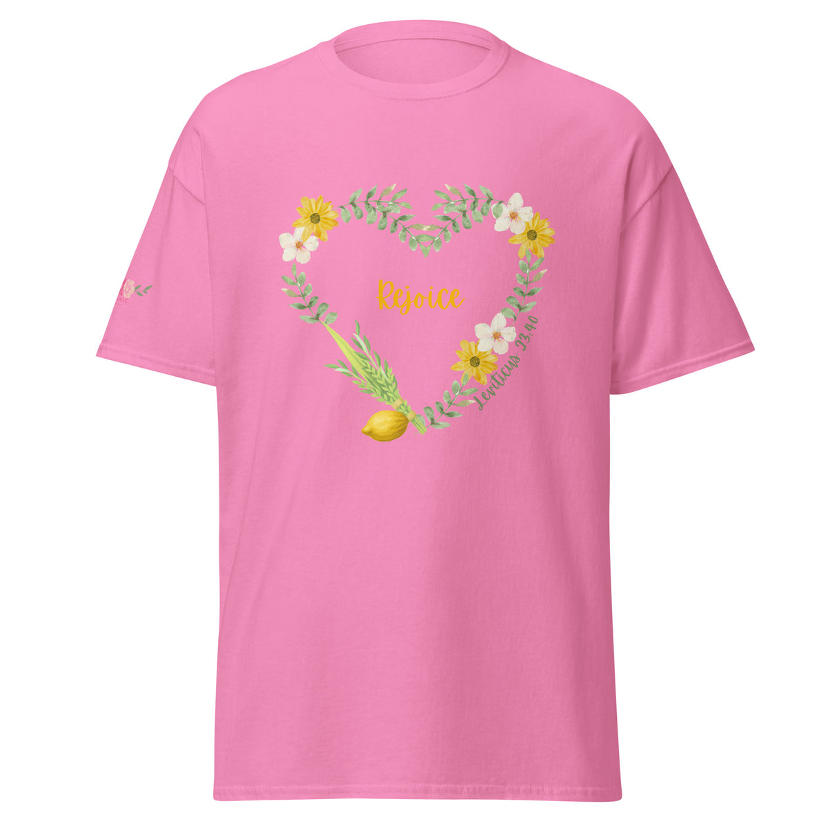 Azalea | Front of Women’s Rejoice Sukkot Shirt Leviticus 23:40 featuring watercolor floral heart, lulav and etrog, the word Rejoice and Leviticus 23:40