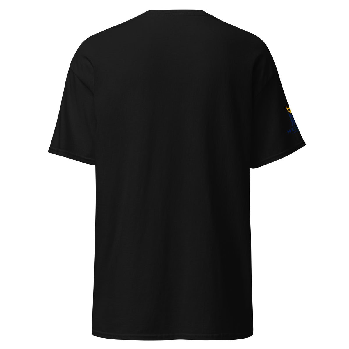 Black | Back view of the men’s Shalom Y’all T-shirt featuring Messianic Merch sleeve logo and a blank back.