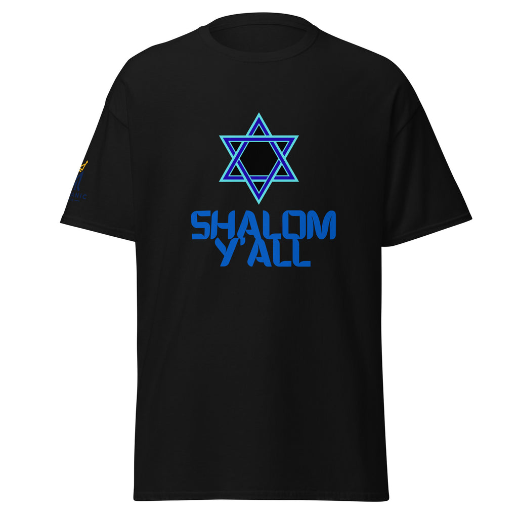 Black | Front view of men’s Shalom Y’all T-shirt featuring a blue Star of David graphic, bold blue lettering, and Messianic Merch logo printed on the sleeve.