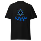 Black | Front view of men’s Shalom Y’all T-shirt featuring a blue Star of David graphic, bold blue lettering, and Messianic Merch logo printed on the sleeve.