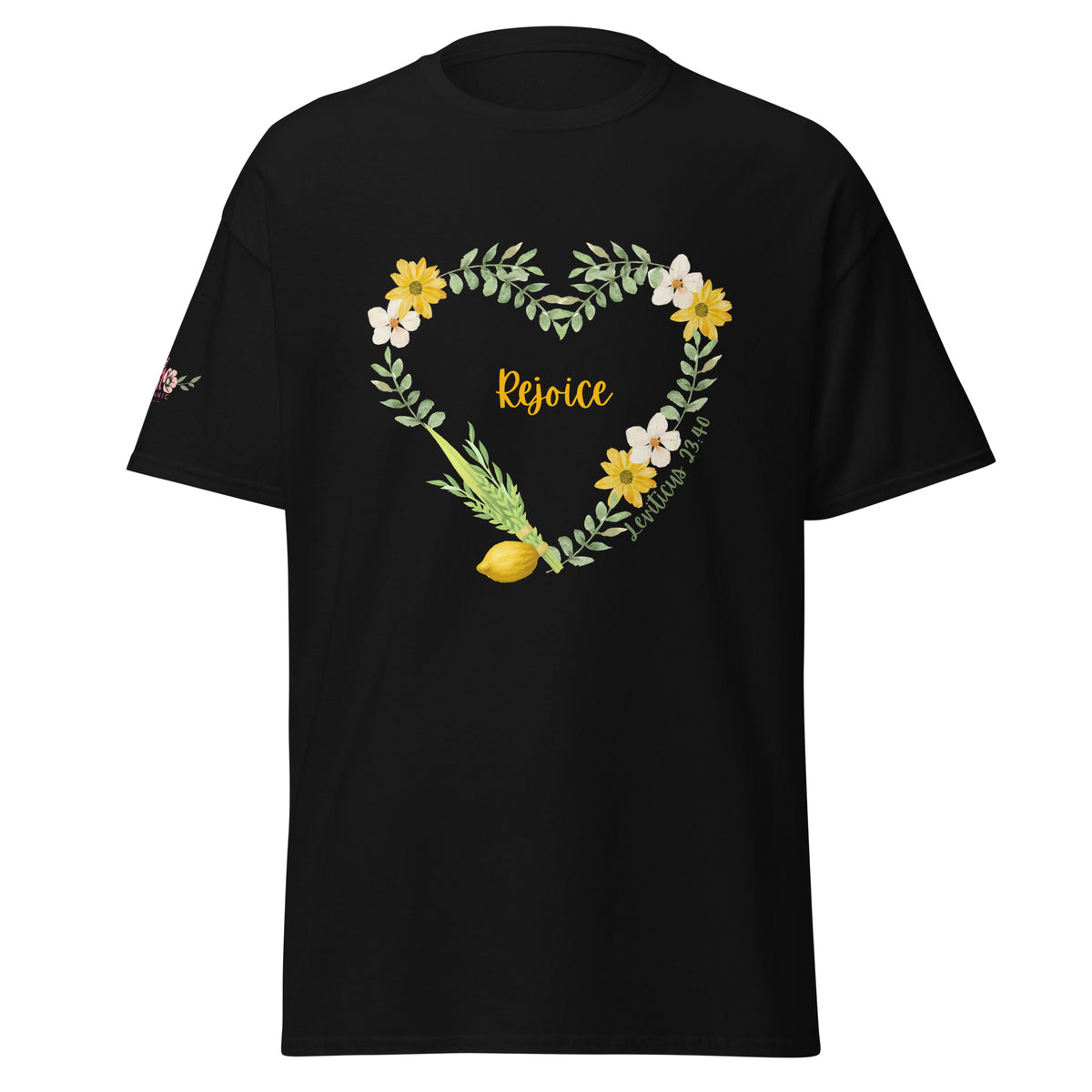 Black | Front of Women’s Rejoice Sukkot Shirt Leviticus 23:40 featuring watercolor floral heart, lulav and etrog, the word Rejoice and Leviticus 23:40