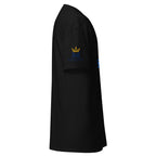 Black | Right close up of men’s Shalom Y’all T-shirt sleeve and Messianic Merch logo.
