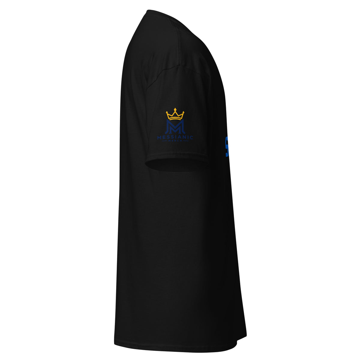 Black | Right close up of men’s Shalom Y’all T-shirt sleeve and Messianic Merch logo.
