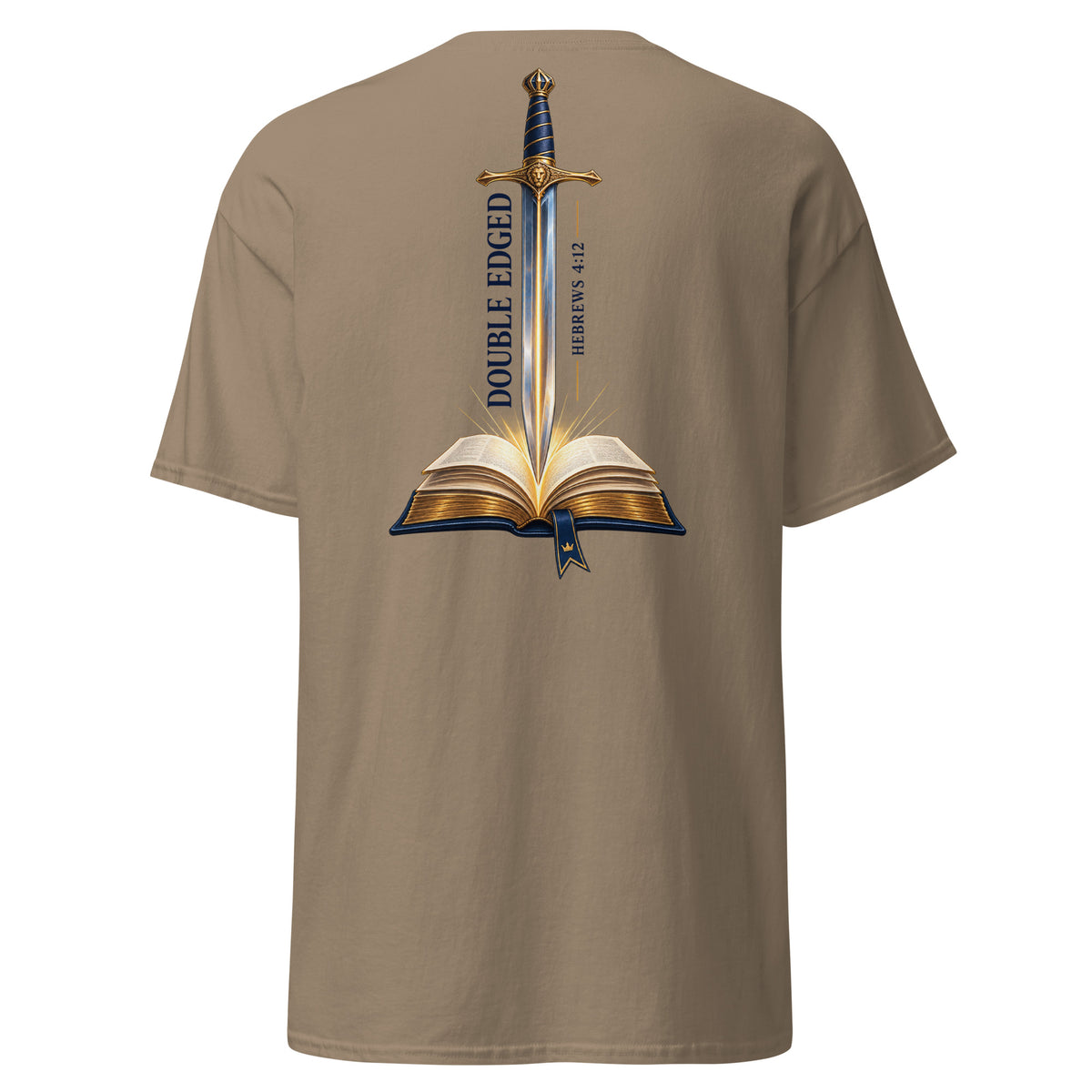 Brown Savana | Back view of the Double-Edged Sword faith T-shirt featuring a sword rising from an open Bible with Hebrews 4:12.