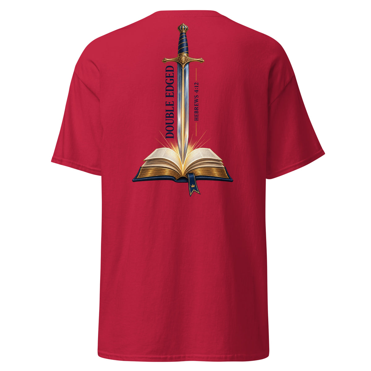 Cardinal | Back view of the Double-Edged Sword faith T-shirt featuring a sword rising from an open Bible with Hebrews 4:12.