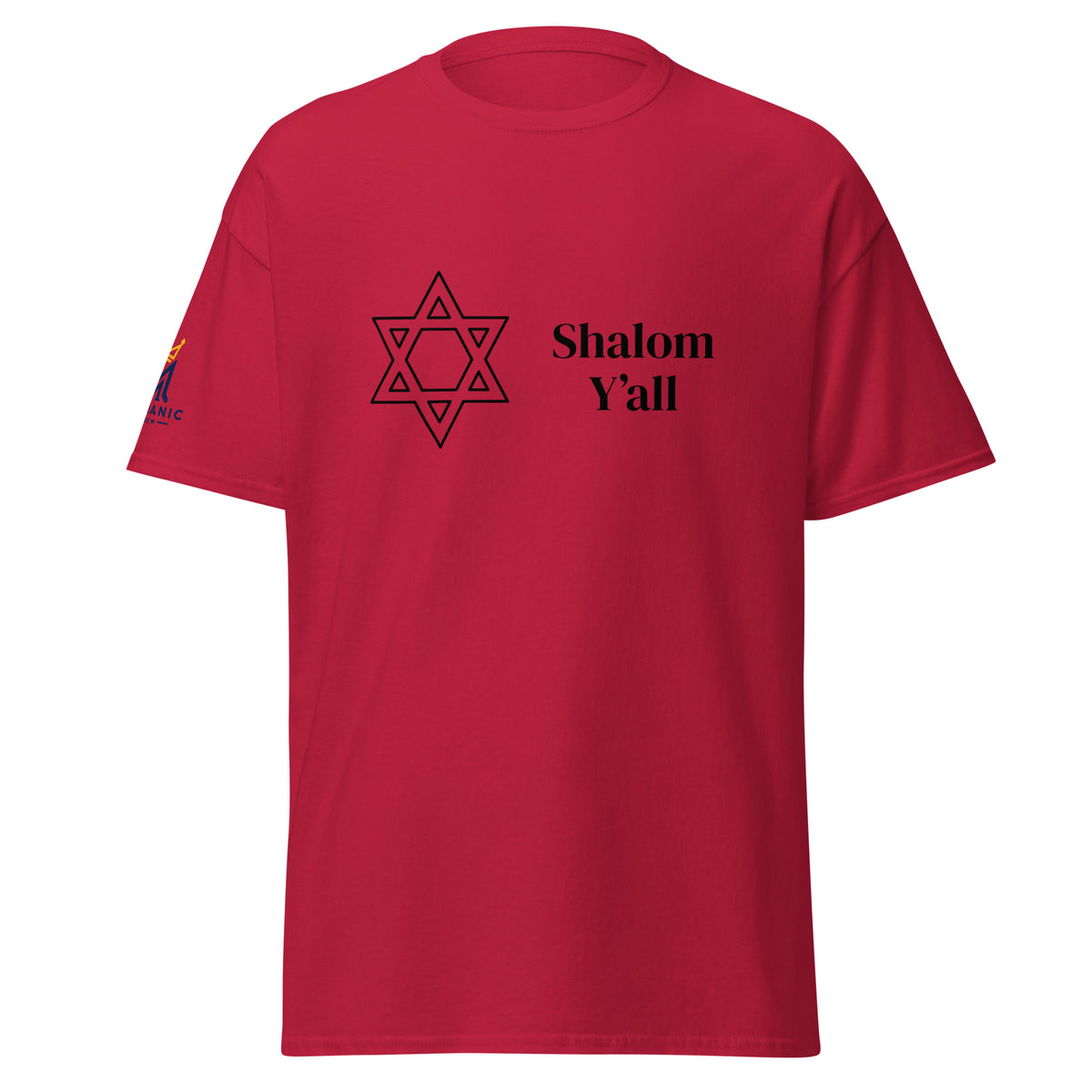 Cardinal | Front view of Shalom Y'all unisex T-shirt featuring a Star of David graphic and Messianic Merch logo printed on the sleeve.