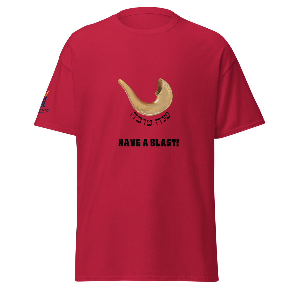 Cardinal | Have a Blast Rosh Hashanah Shofar Shirt featuring shirt design with Shana Tova in Hebrew and Have a Blast text