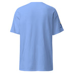 Carolina Blue | Back view of the Lion of Judah women's faith T-shirt  Messianic Merch sleeve logo and a blank background.