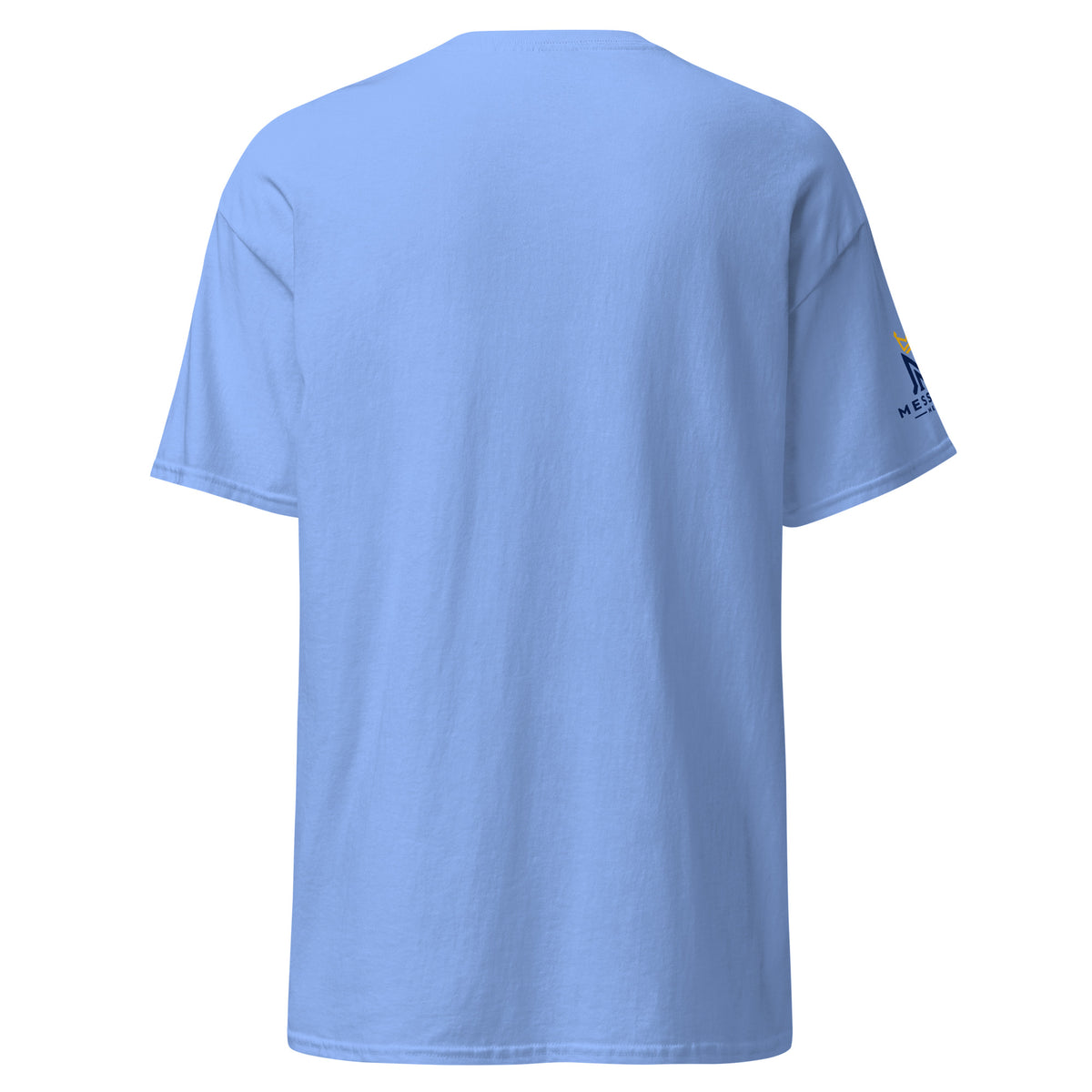 Carolina Blue | Back view of the Lion of Judah women's faith T-shirt  Messianic Merch sleeve logo and a blank background.
