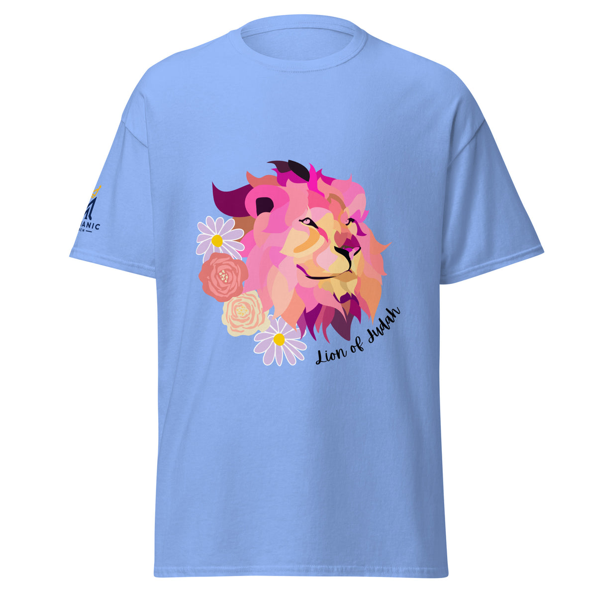 Carolina Blue | Front view of the Lion of Judah women's faith T-shirt featuring a colorful pink and purple lion surrounded by flowers with a Messianic Merch sleeve logo.
