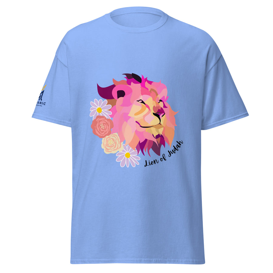 Carolina Blue | Front view of the Lion of Judah women's faith T-shirt featuring a colorful pink and purple lion surrounded by flowers with a Messianic Merch sleeve logo.