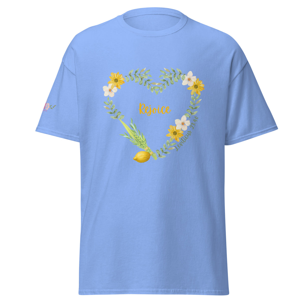 Carolina Blue | Front of Women’s Rejoice Sukkot Shirt Leviticus 23:40 featuring watercolor floral heart, lulav and etrog, the word Rejoice and Leviticus 23:40