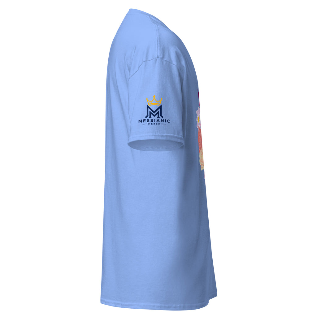 Carolina Blue | Right close up of the Lion of Judah women's faith T-shirt sleeve and Messianic Merch logo.