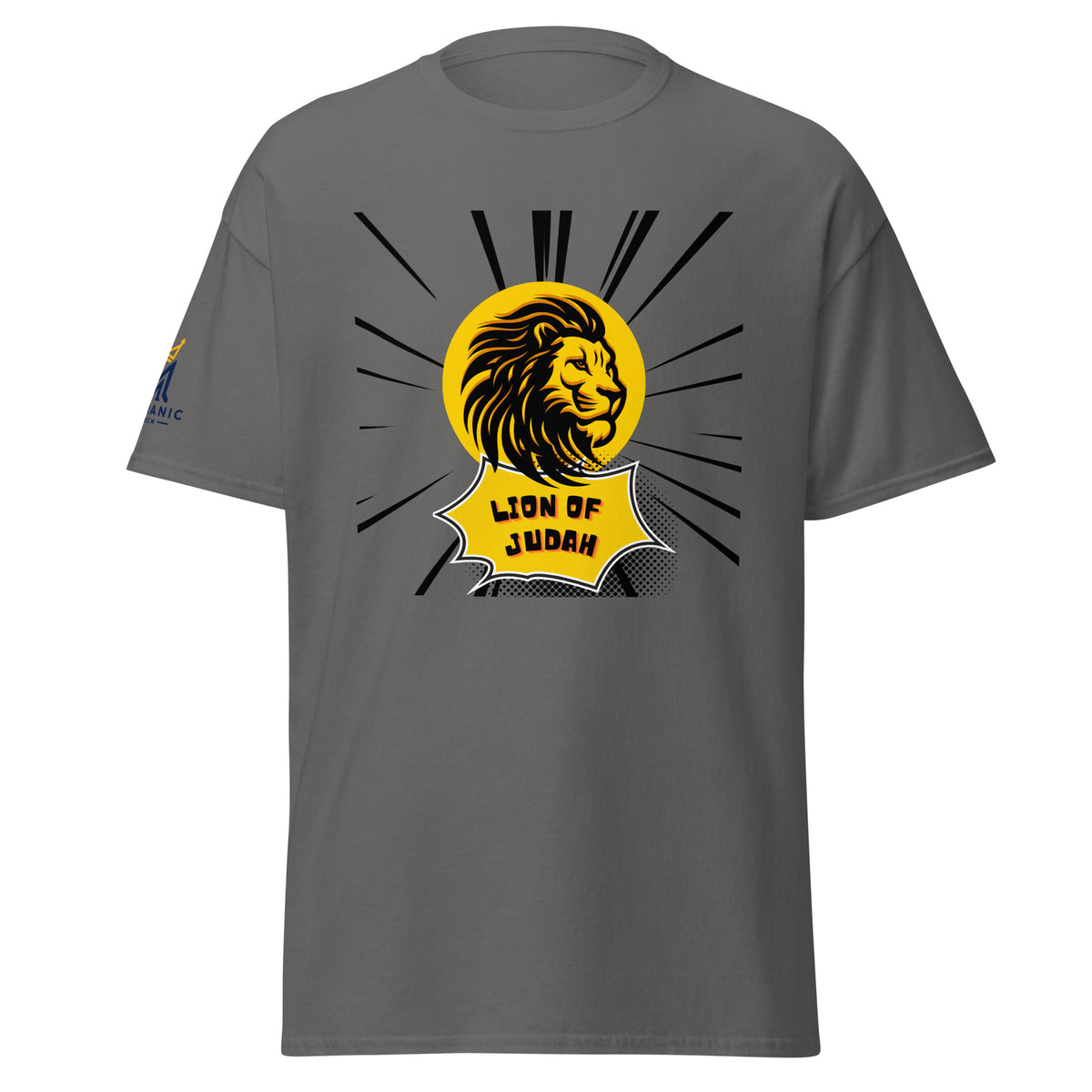 Charcoal | Front view of the men's Lion of Judah faith T-shirt featuring a bold gold and black lion graphic with radiating lines and Messianic Merch sleeve logo.