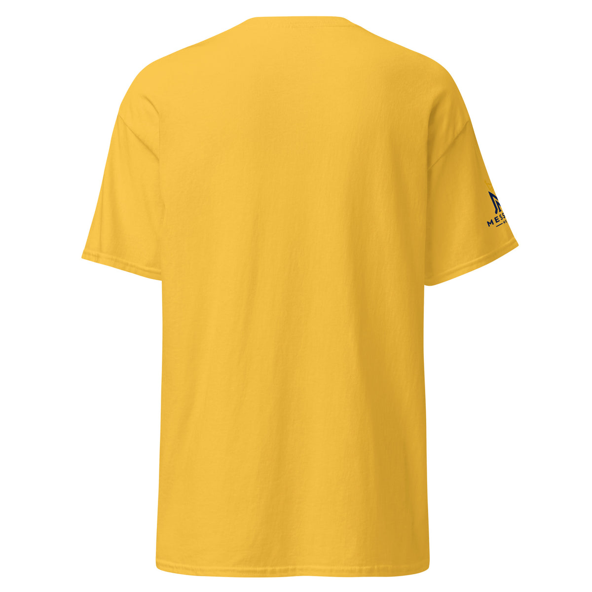 Daisy | Back view of the Emunah Hebrew faith T-shirt featuring a mustard jar, אמונה meaning faith, Matthew 17:20, and Messianic Merch right sleeve logo.