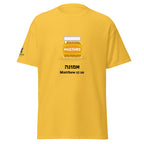 Daisy | Front view of the Emunah Hebrew faith T-shirt featuring a mustard jar, אמונה meaning faith, Matthew 17:20, and Messianic Merch right sleeve logo.