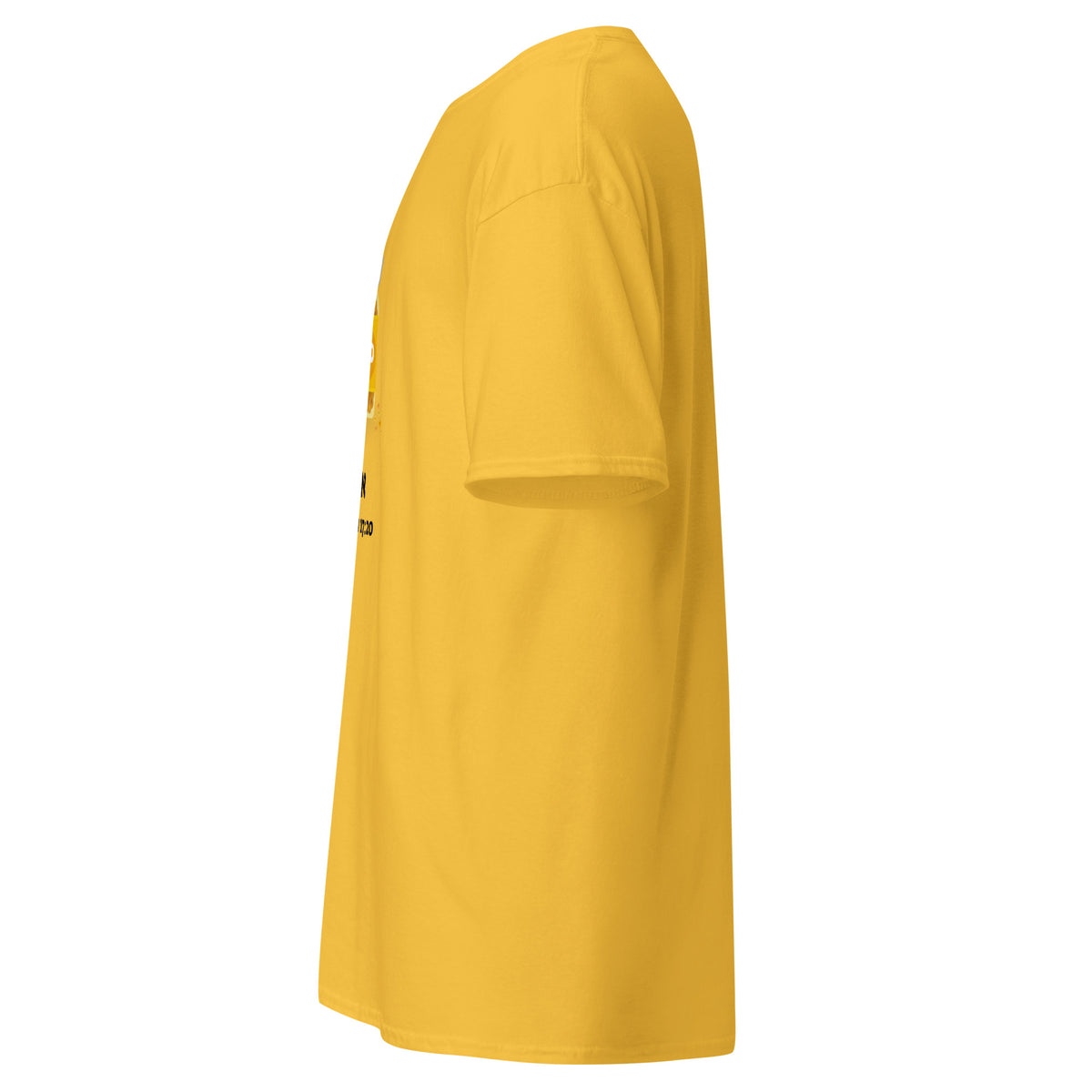 Daisy | Left view of the Emunah Hebrew faith T-shirt featuring a mustard jar, אמונה meaning faith, Matthew 17:20, and Messianic Merch right sleeve logo.